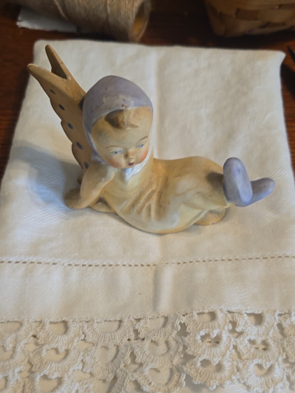 Vintage Ceramic Angel Figurine in Soft Lavender and Cream Vintage , Made  JAPAN